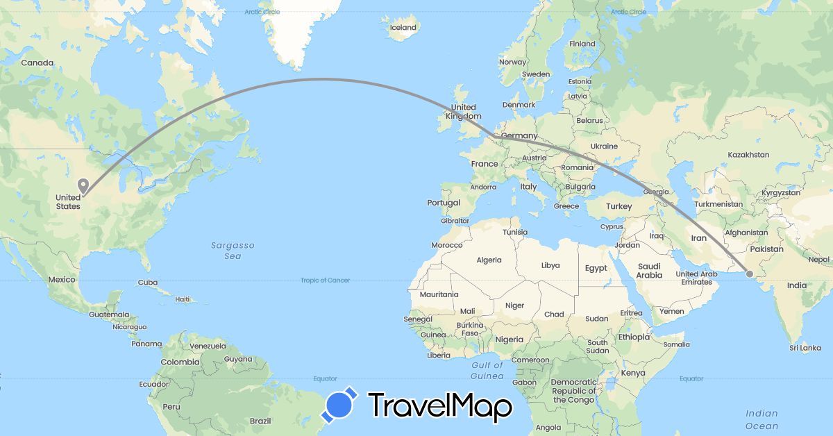 TravelMap itinerary: driving, plane in Belgium, Pakistan, United States (Asia, Europe, North America)